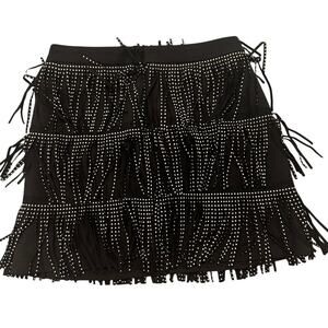 Free the Roses Suede Studded Multi Fringe Festival Mini Skirt, Black Silver, S